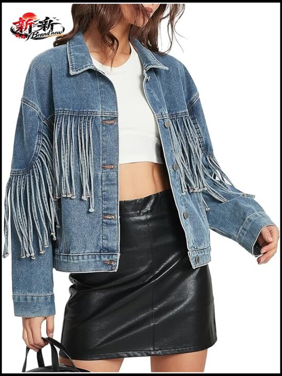 Jackets & Blazers - Oversized Fringed Denim Jacket Tassel Long Sleeve Western Concert Outfits